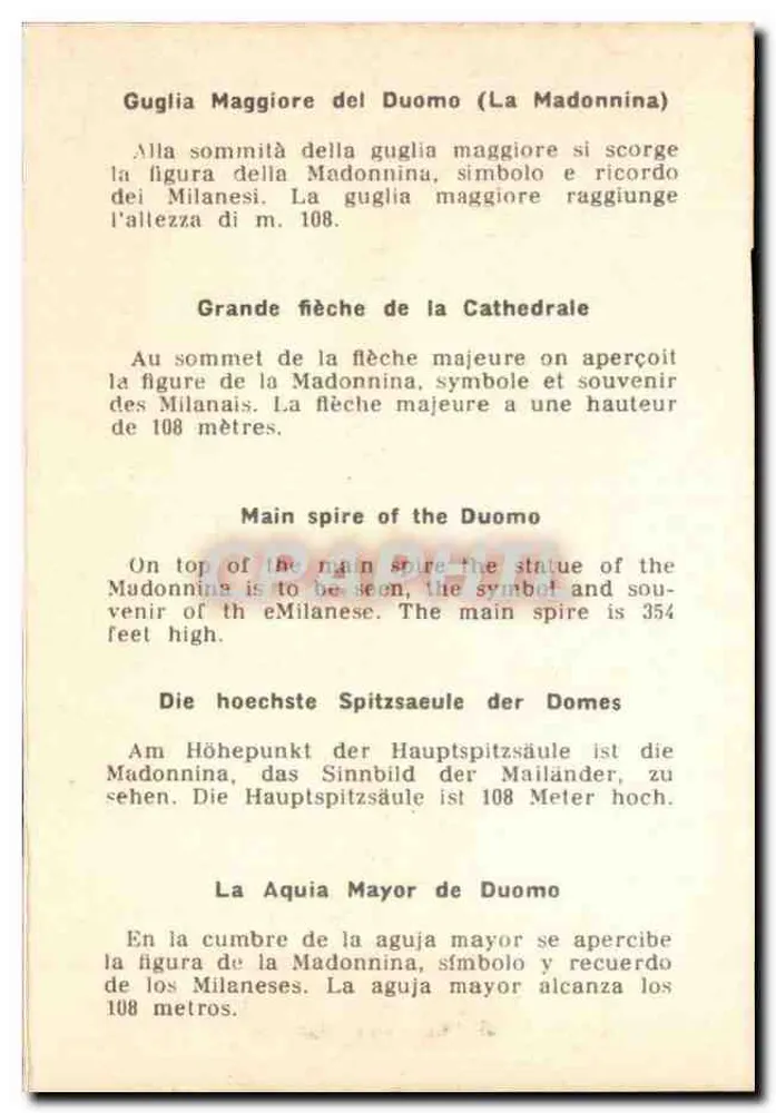 Madonnina — estátua na ponta da torre do Duomo — editor desconhecido, número de série não visível - Verso