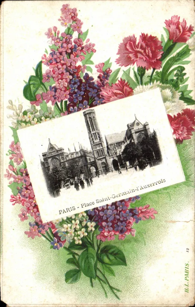 Place Saint-Germain-l'Auxerrois — vue de la cathédrale encadrée de fleurs — H.L. PARIS, n°10 - Frente