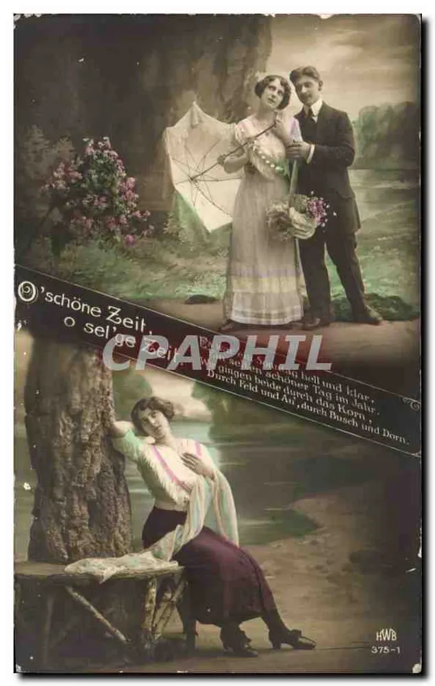 Junges Paar und allein stehende Frau am Ufer eines Sees — H.W.B. 375-1 - Vorderseite