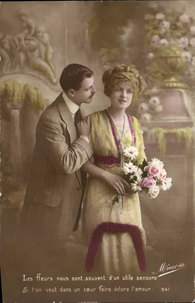 Paar in historischem Kleid — poetischer Text über Blumen — Mimoso, Nr. 341 - Vorderseite