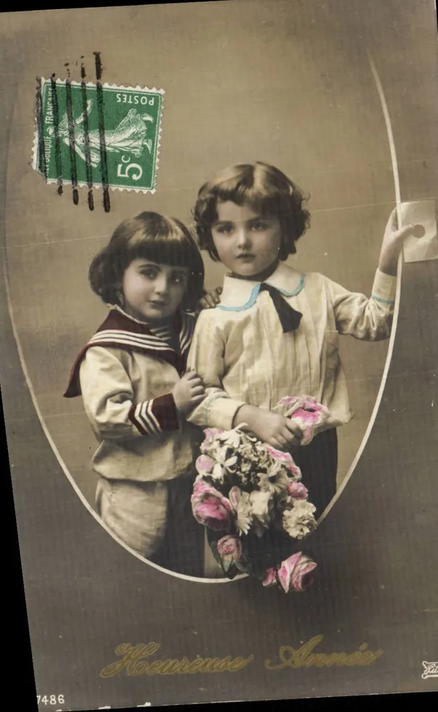 Zwei junge Mädchen — Studioporträt — Heureuse Année, n°7486 - Vorderseite