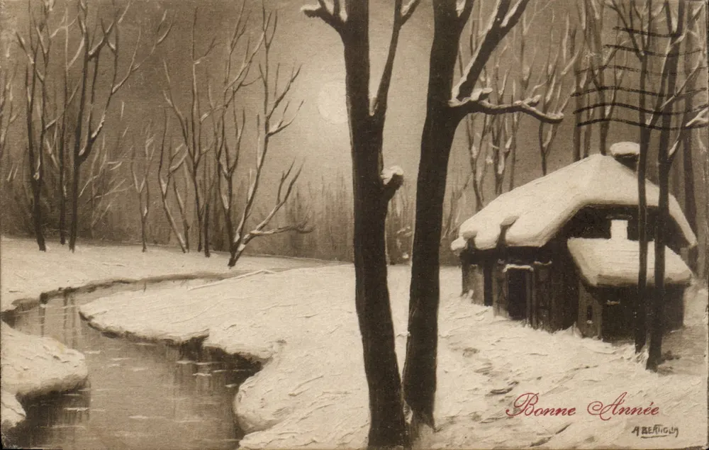 Winterlandschaft mit Hütte — Frohe Weihnachten — A. BERTIGUY - Vorderseite