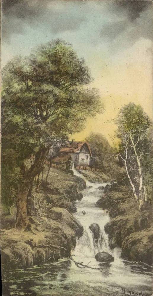 Paysage avec cascade — maison au bord d'un ruisseau — dessin de H. Ward, éditeur GESTLAND, série 5 - Frente