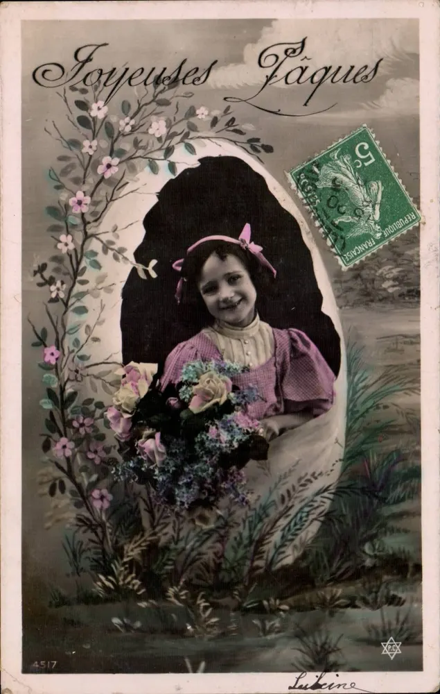 Menina com buquê — Felizes Páscoas — editor Lubicine, n° 4517 - Frente