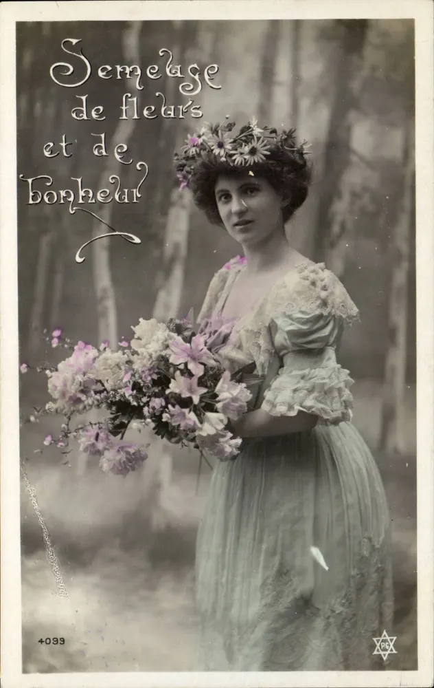 Frau mit Blumengirlande und Blumenstrauß — Aussaat von Blumen und Glück — PRC 4099 - Vorderseite