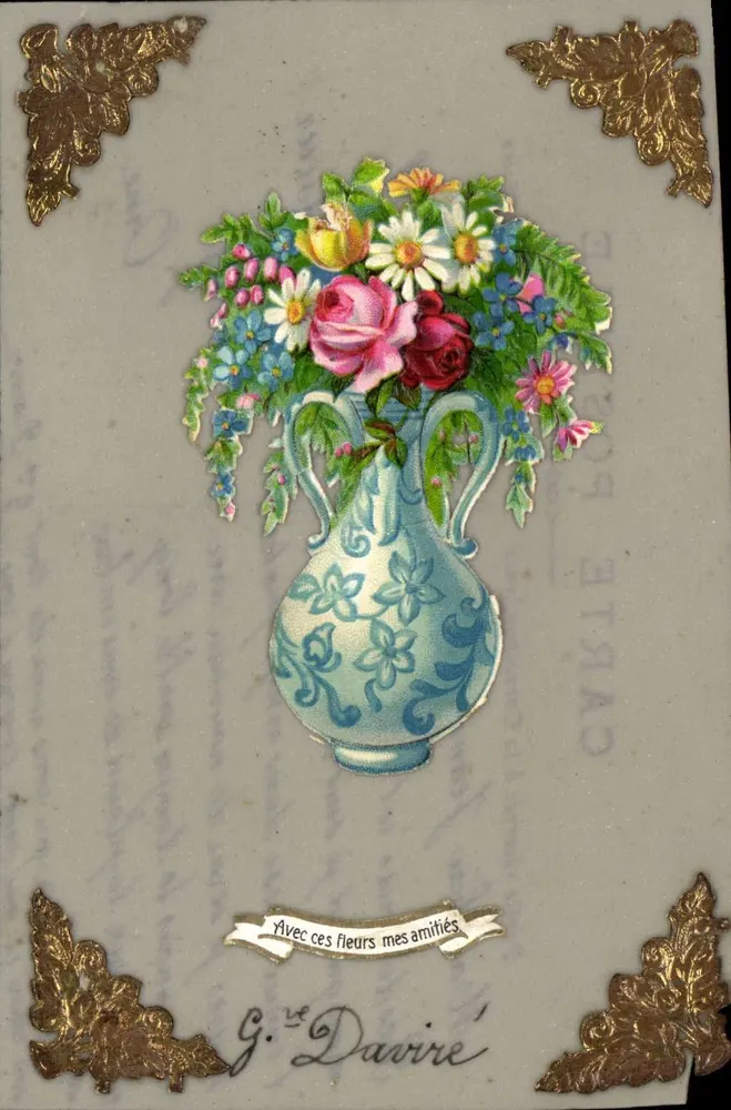 Bouquet de fleurs — vase bleu orné — éditeur G. Davire - Frente