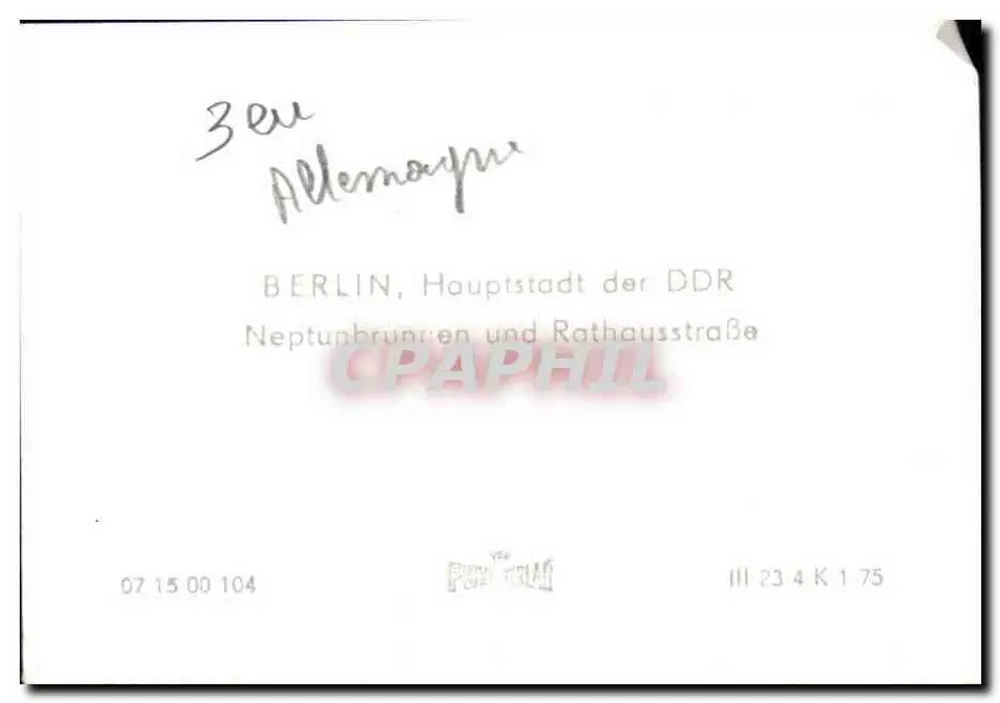 Berlin — Fontäne des Neptun und Straße des Rathauses — Verlag CPAPHIL, Nr. III 23 4 K 1 75 - Rückseite