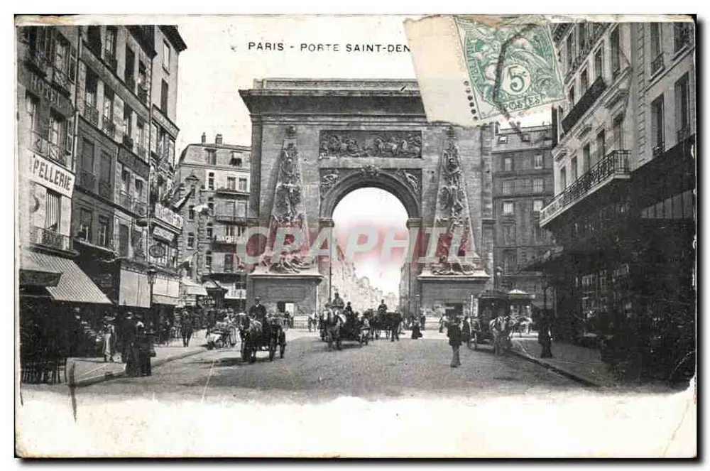 Paris - Porte Saint-Denis — arc monumental avec sculptures, éditeur 'Paris - Porte Saint-Denis' (imprimé en haut) - Frente