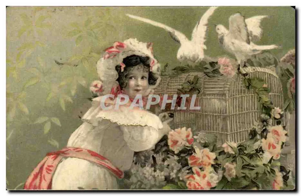 Mädchen mit einem Vogelkäfig — weiße und rosa Vögel — Verleger unbekannt - Vorderseite