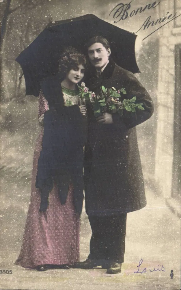 Couple sous parapluie — scène de neige — éditeur anonyme, n° 3505 - Recto