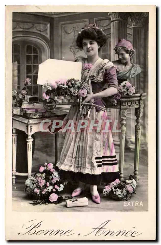 Frau in farbiger Robe mit Blumenkorb — Frohes Neues Jahr — EXTRA - Vorderseite