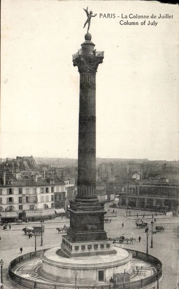 Paris - A Coluna de Julho — vista da coluna com estátua alada no topo — editor Paris - Frente