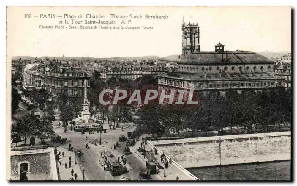 Paris — Place du Châtelet — Théâtre Sarah Bernhardt und die Tour Saint-Jacques — A.P. - Vorderseite