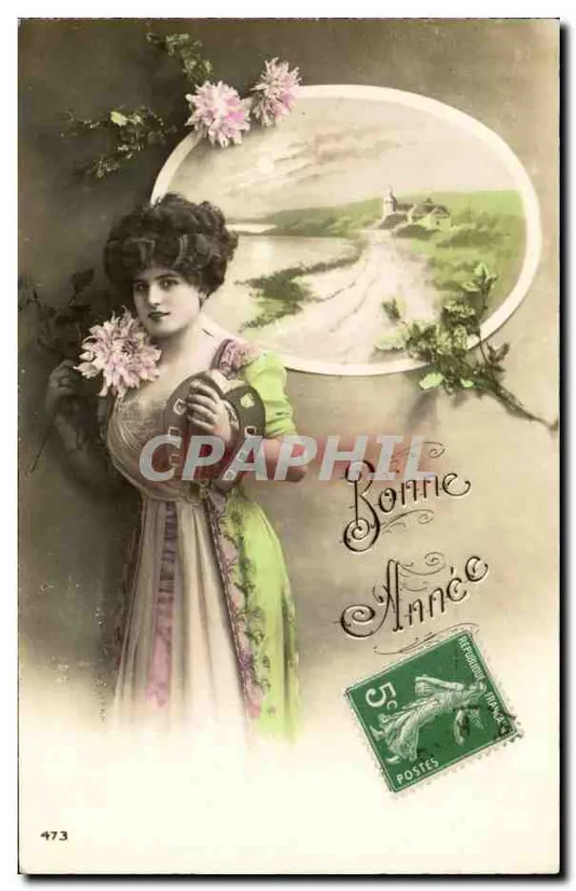 Femme en robe verte tenant des fleurs — Bonne Année — éditeur anonyme, n° 473 - Recto