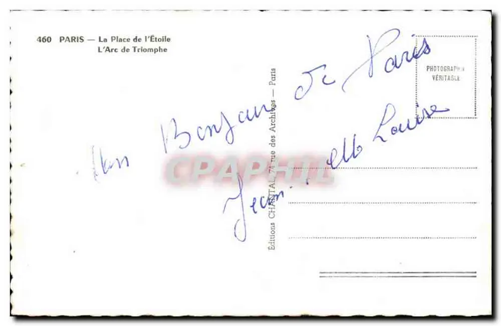 Paris — O Arco do Triunfo — Edições Chantal, n°460 - Verso