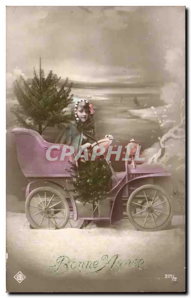Mädchen in einem alten Stil Auto — Weihnachtsdekor — Verlag Ronne Monce, Nr. 3111/mz - Vorderseite