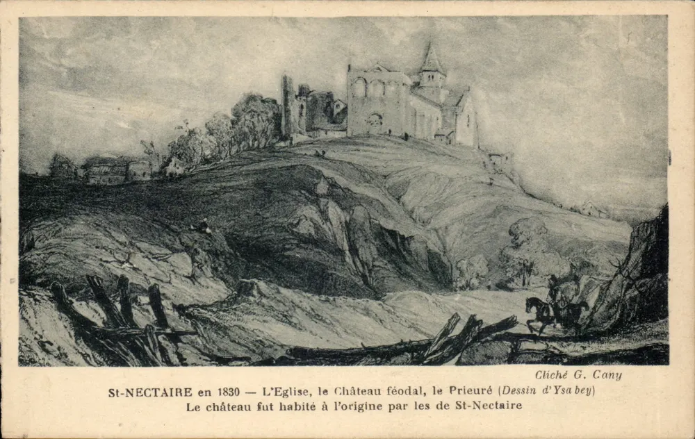St-Nectaire im Jahr 1830 — Die Kirche, das feudale Schloss, das Priesterstift (Zeichnung von Ysa bey) — Cliché G. Cany - Vorderseite