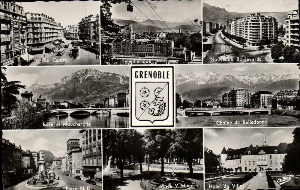 Grenoble — Vista panorâmica com teleférico, hotel de cidade e montanhas — Les Belles Alpes Françaises, n° 958 - Frente