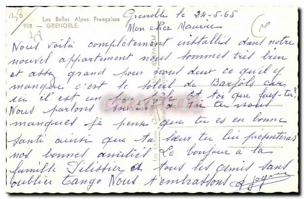 Grenoble — Vista panorâmica com teleférico, hotel de cidade e montanhas — Les Belles Alpes Françaises, n° 958 - Verso