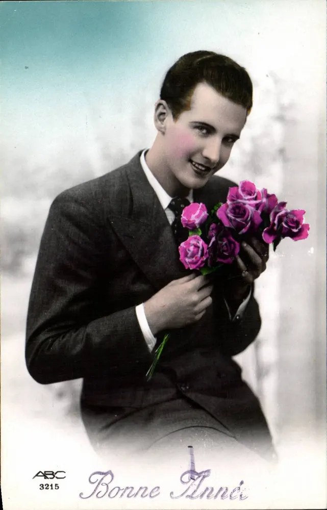 Jovem homem com buquê de rosas — Boa Ano — ABC 3215 - Frente