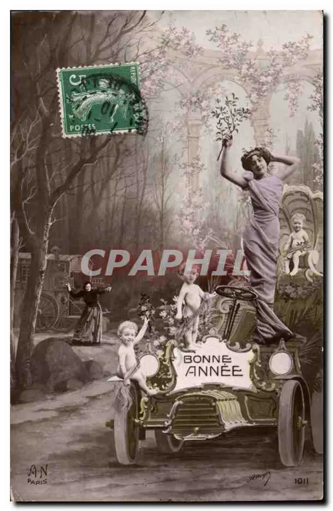 Guten Tag — Frau im Auto mit Kindern — A.N. Paris, Nr. 1011 - Vorderseite