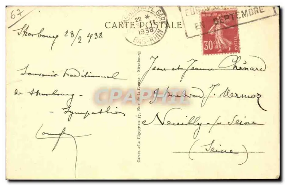 Strasburgo — Nido di cicogne — Carte « La Cigogne » - Verso