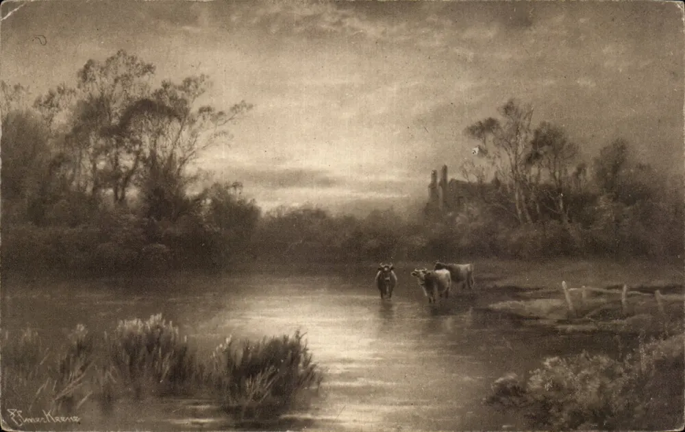 Pastorale Szene mit Kühen, die einen Fluss überqueren — Malerei von P. Emmer-Krene — Verlag E. S. Paris - Vorderseite