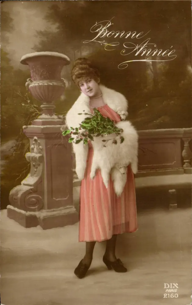 Frau in Pelz mit Blumenstrauß — Frohe Weihnachten — Dix Paris 2160 - Vorderseite