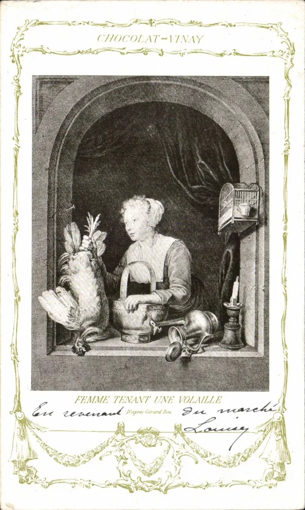 Frau mit einem Huhn — Rückkehr nach Gérard Dou — Chocolat-Vinay, Serie VII, N° 10 - Vorderseite
