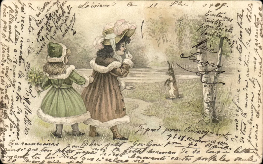 Deux jeunes filles en tenue d'hiver — scène de jardin avec lapin — éditeur Union postale universelle, Russie - Vorderseite