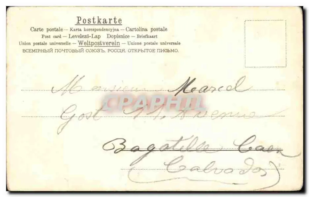 Deux jeunes filles en tenue d'hiver — scène de jardin avec lapin — éditeur Union postale universelle, Russie - Rückseite