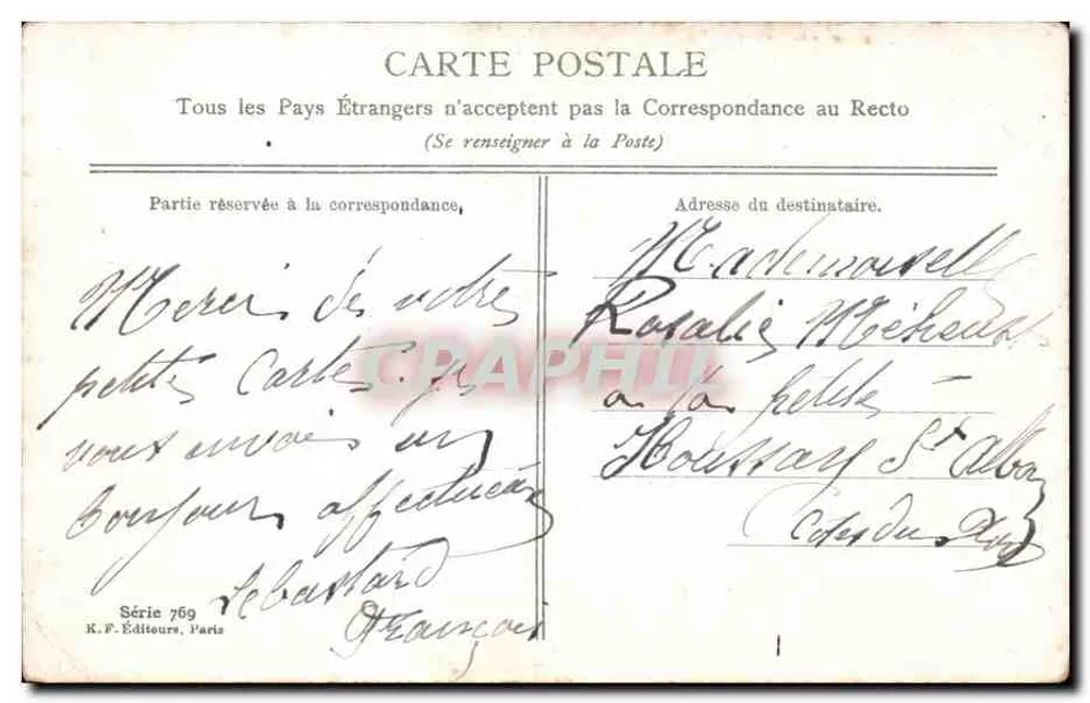 Fiolet i myśl — bukiet w koszyku — K.F. Wydawcy, Paryż, seria 769 - Rewers
