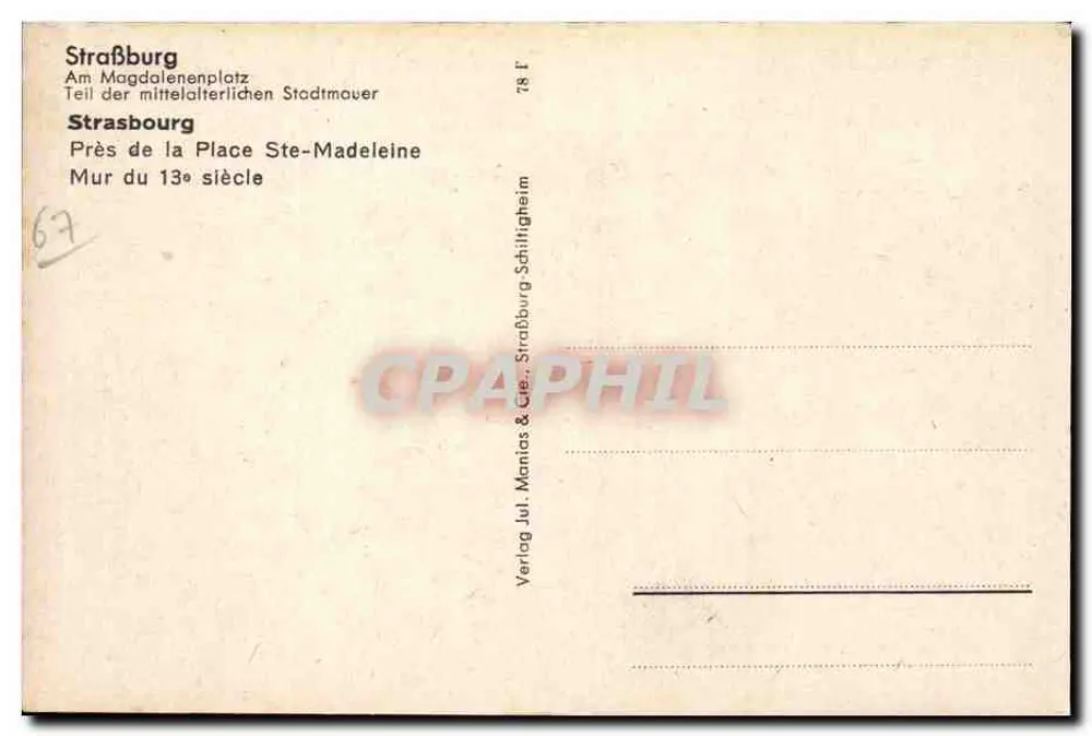 Straßburg — Am Magdalenenplatz — Teil der mittelalterlichen Stadtmauer — Verlag Jul. Mantos & Cie. - Rückseite