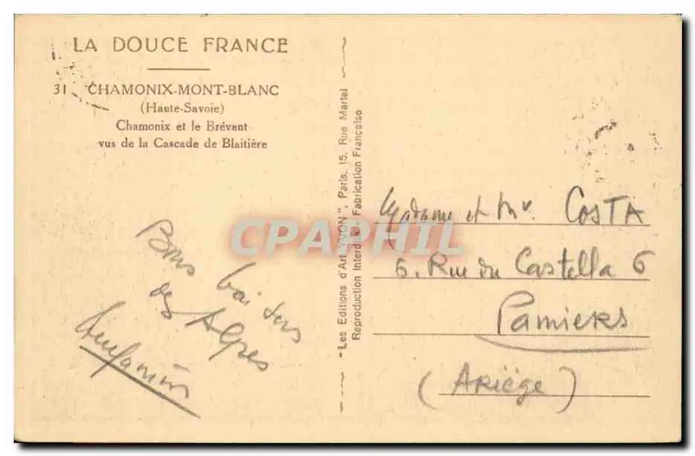 Chamonix-Mont-Blanc — vue du Brévent et de la Cascade de Blaitière — Les Éditions d'Art 'TON' Paris - Verso