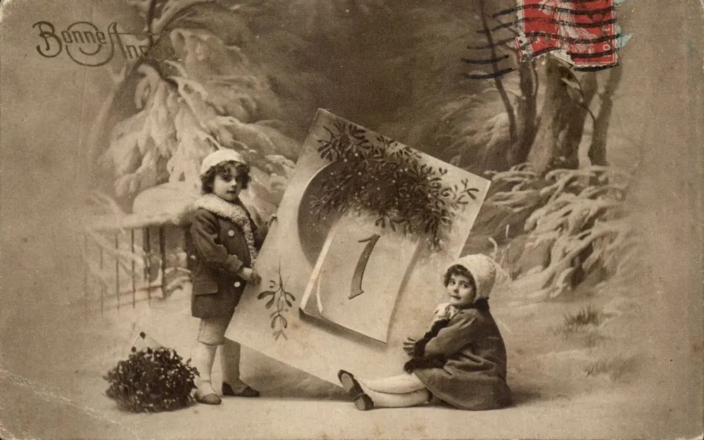 Zwei Kinder mit Weihnachtskalender — Frohe Neujahr — W. R. B. & Co. Wien, Serie 3097 - Vorderseite