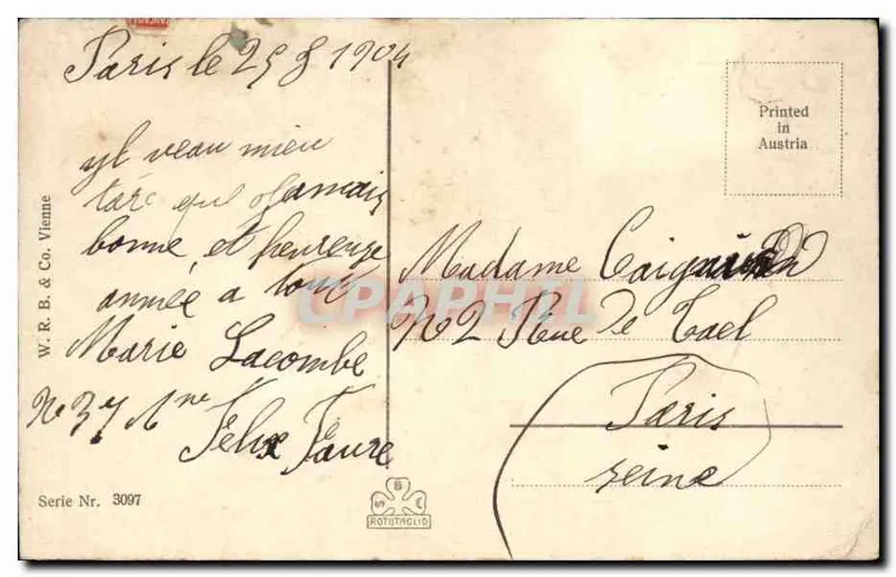 Zwei Kinder mit Weihnachtskalender — Frohe Neujahr — W. R. B. & Co. Wien, Serie 3097 - Rückseite