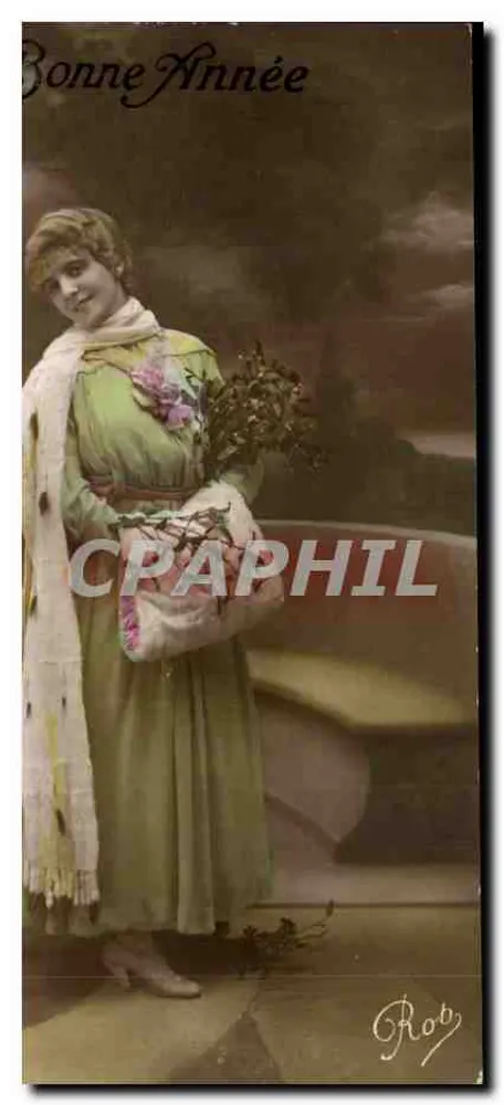 Frau in grünem Kleid mit Blumenstrauß — Frohes Neues Jahr — Rob - Vorderseite