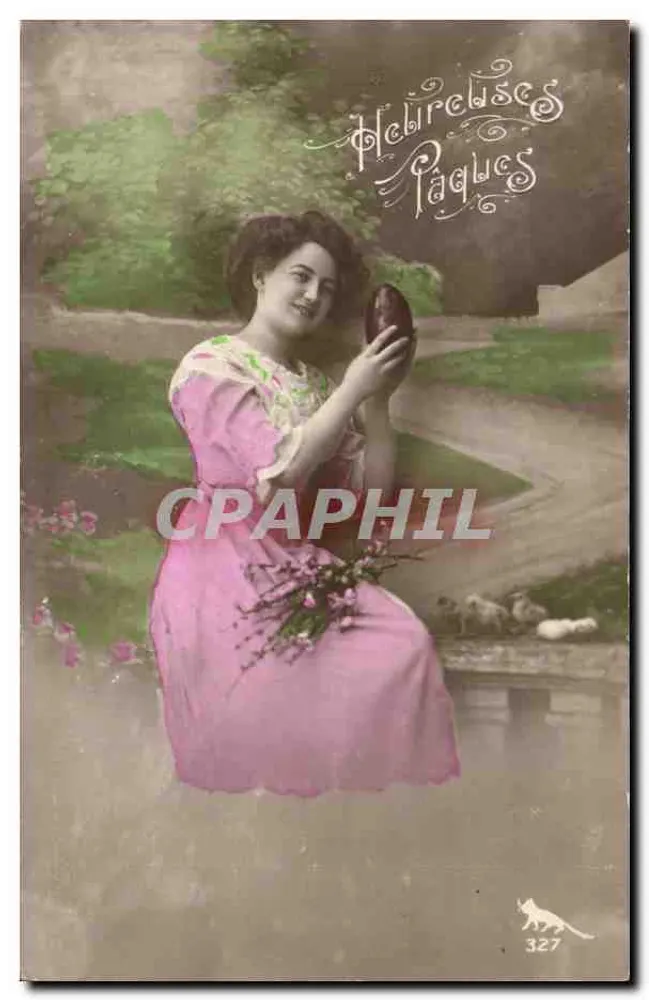 Frau in einem rosa Kleid mit einem Osterei — Hebd. Ostern 327 — Verleger nicht sichtbar - Vorderseite