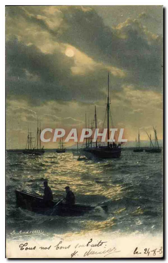 Scène maritime sous la lune — plusieurs voiliers et un petit bateau — éditeur K. Andreossi - Voorkant