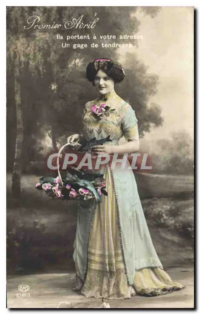 Frau in einem Kleid im Art Nouveau-Stil mit einem Blumenkorb — Aprilscherz — Verlag E.A.S. Nr. 8149/1 - Vorderseite