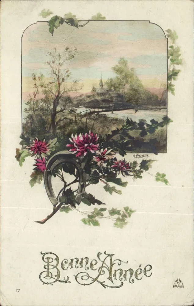 Bonne Année — paysage avec harnais et fleurs — H. Wirtzberg, Paris, n°17 - Recto