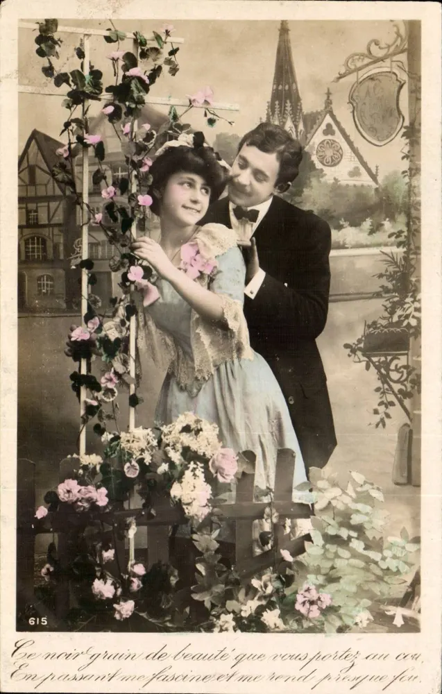 Junges Paar im Garten — romantische Szene — unbekannter Verleger, Nr. 615 - Vorderseite