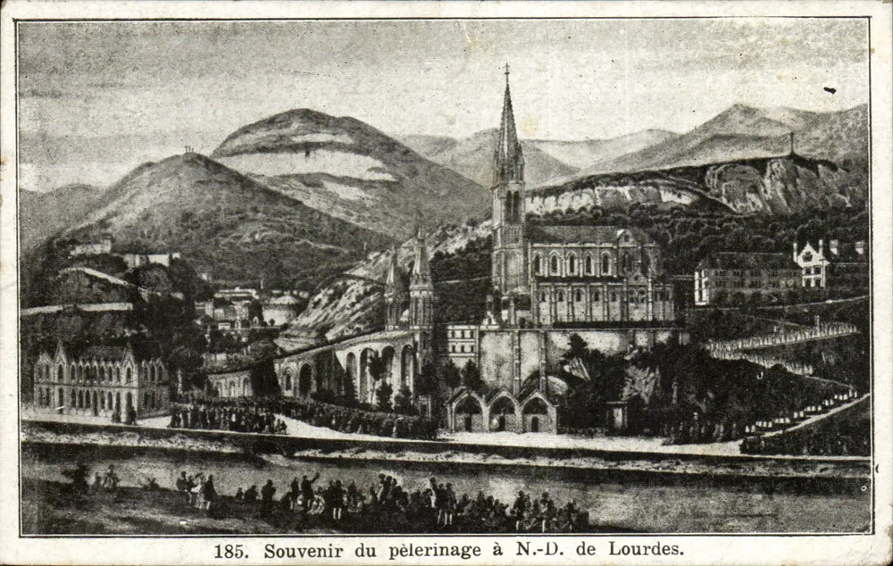 Peregrinação a N.-D. de Lourdes — Lembrete da peregrinação a N.-D. de Lourdes — série 185 — editor A. LEBEAU ART PHOTOGRAPHIQUE - PIMARAS - Frente