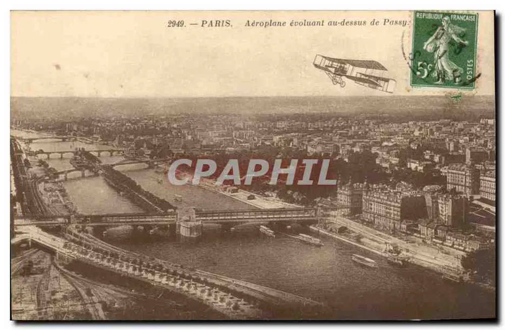 Paris — Avião voando sobre Passy — Bilhete postal antigo 2949 - Frente