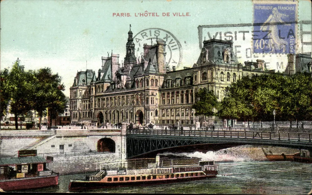 Paris. O Hôtel de Ville — vista do ponte e do rio — editor não visível, número de série não visível - Frente
