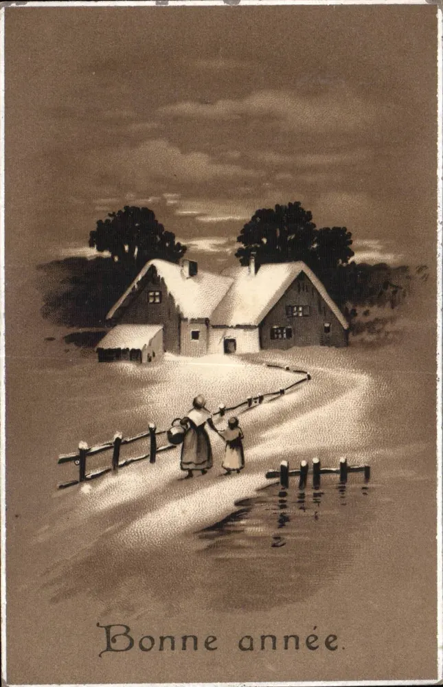 Winterlandschaft — zwei Kinder nahe einer Farm — Text 'Guten Jahresbeginn' — Verlag und Seriennummer nicht lesbar - Vorderseite