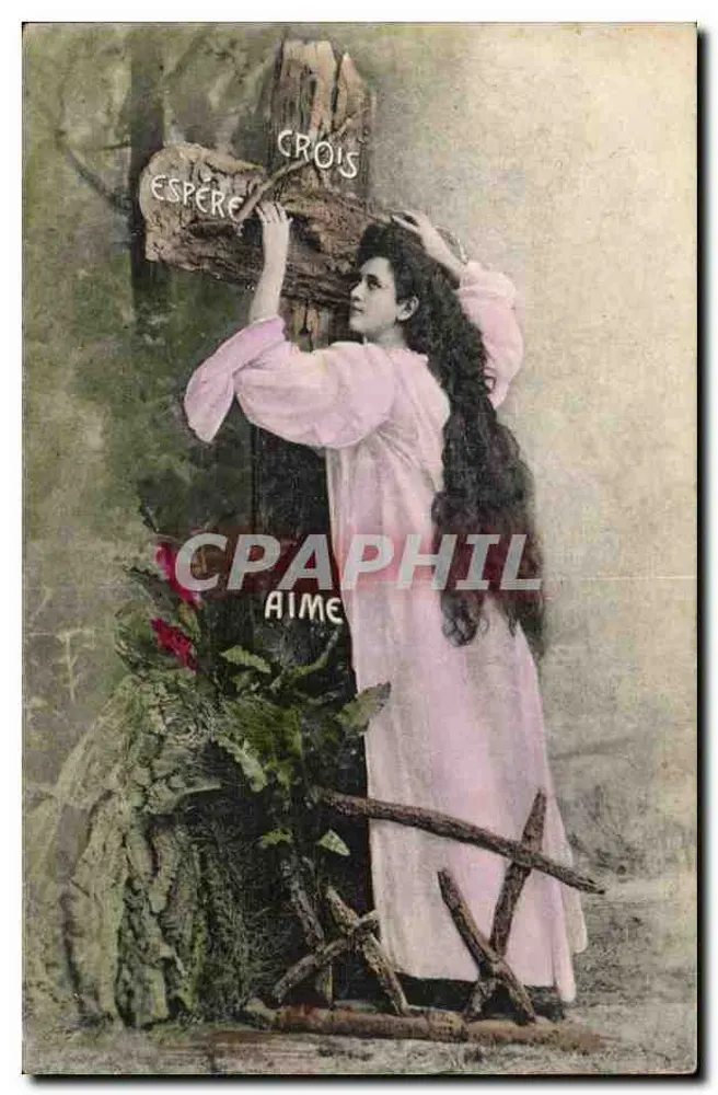 Frau in einem rosa Kleid vor einem Kreuz — Text 'CROIS ESPÈRE' — G. I. Paris - Vorderseite