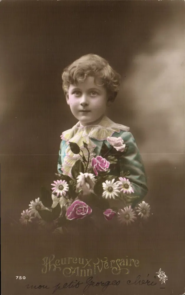 Mädchen in einem Jabot-Kleid — Blumenstrauß aus Rosen und Aster — Verlag '750' - Vorderseite