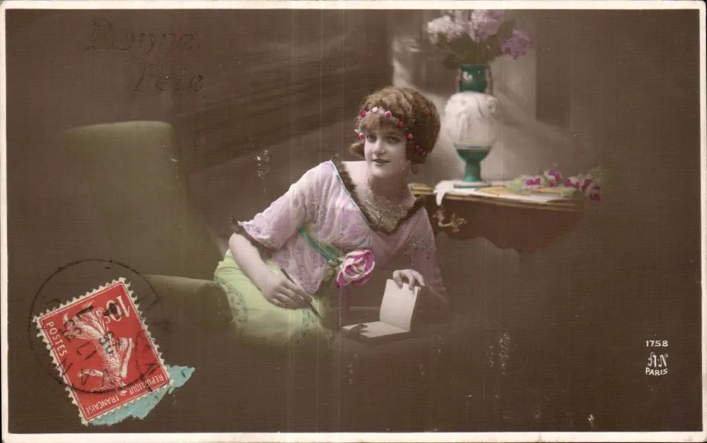 Frau in rosa Kleid — Karten zum Gruß — A.N. Paris, Nr. 1758 - Vorderseite