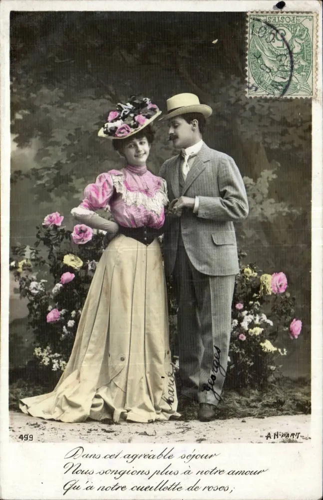 Casal no jardim de rosas — A. H. PARRAT, n°499 - Frente
